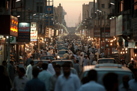 A chaotic scene of cars, buses, and pedestrians navigating a busy city street filled with traffic congestion, The busy streets of an Islamic city during the call to prayer, AI Generatedの素材