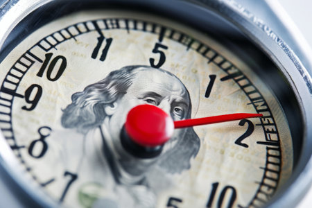 A detailed view of a clock featuring a colorful clown face, showcasing its intricate design and vibrant colors, Thermometer with dollar signs indicating rising prices, AI Generatedの素材