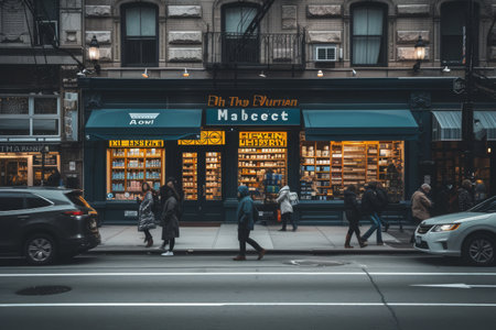 A diverse group of individuals casually strolls down a bustling city street, passing by a vibrant storefront, The exterior of a busy city pharmacy during daytime, AI Generatedの素材