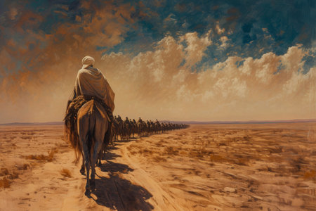 A painting depicting a man riding a camel in the vast desert landscape, The journey of an Islamic caravan through the vast deserts, AI Generatedの素材