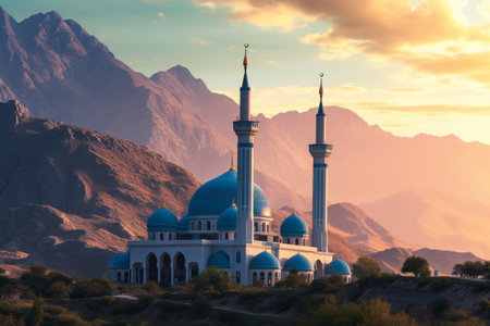 A photograph featuring a sizable blue and white building situated prominently amidst a mountainous landscape, The serene setting of a mosque at sunrise with backdrop of mountains, AI Generatedの素材