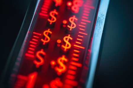 A close up of a red light featuring dollar signs, representing financial decisions and wealth accumulation, Thermometer with dollar signs indicating rising prices, AI Generatedの素材