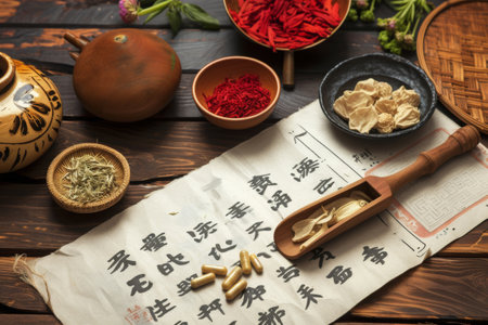 A wooden table is adorned with an assortment of bowls filled with delicious food, Traditional Chinese medicine items on a table, AI Generatedの素材