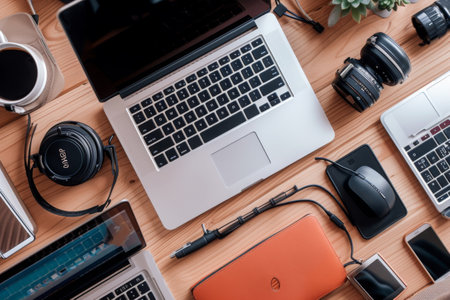 A wooden table showcasing a variety of laptops and other electronic devices, Various tools and communication devices used in teleworking, AI Generatedの素材