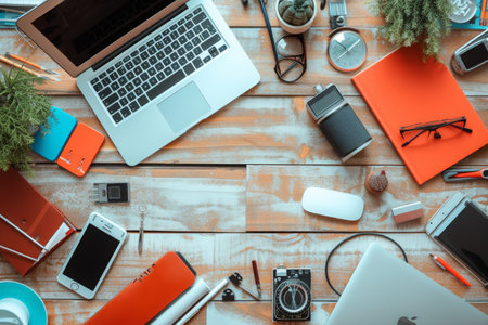 A laptop computer is placed on top of a wooden table, Various tools and communication devices used in teleworking, AI Generatedの素材