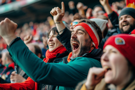 Group of People Cheering in a Stadium, Vibrant and energetic rugby fans in the stand cheering for their teams, AI Generatedの素材