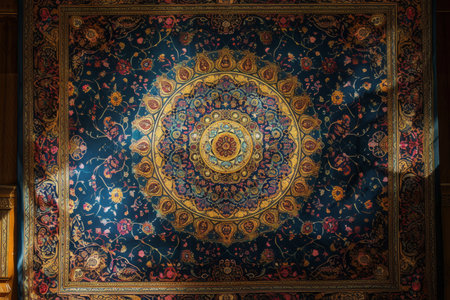A tapestry depicting a scene is hanging from the ceiling of a room, adding visual interest and character, Universe-themed backdrop with ornate Islamic decorations framing the edges, AI Generatedの素材