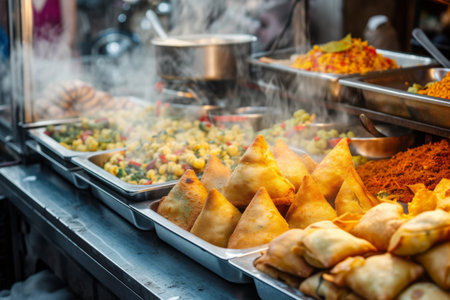 A Buffet Filled With a Variety of Delectable Food Options, Vibrant street food scene from an Indian market, with chaat and samosas, AI Generatedの素材