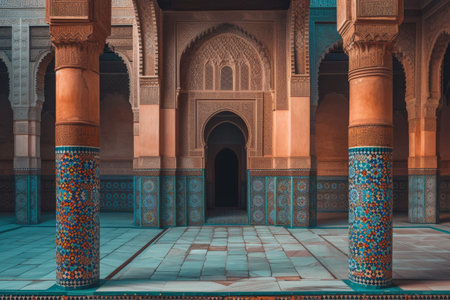 The photo showcases a grand building featuring a multitude of robust pillars and elegant arches, Vintage Islamic architecture with ornate geometric patterns, AI Generatedの素材