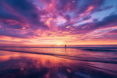 A person walks along the sandy beach, against the backdrop of a vibrant sunset, Vibrant, multicolored sunset over the ocean with a surfer riding towards shore, AI Generatedの素材