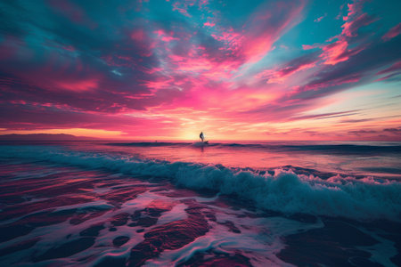A person stands on a surfboard as they navigate the waves in the beautiful ocean during sunset, Vibrant, multicolored sunset over the ocean with a surfer riding towards shore, AI Generatedの素材