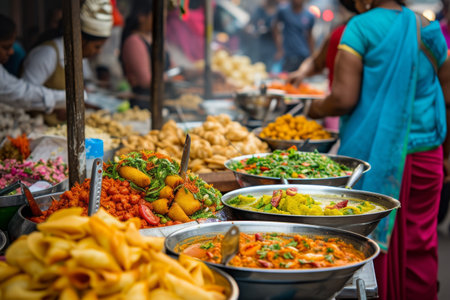 A variety of different bowls filled with delicious food arranged neatly on a table, Vibrant street food scene from an Indian market, with chaat and samosas, AI Generatedの素材
