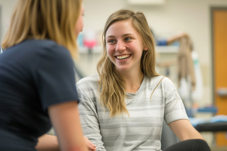 Two women engaged in a conversation in a room, actively exchanging ideas and thoughts, Visualize a patient smiling after the completion of a successful physical therapy, AI Generatedの素材
