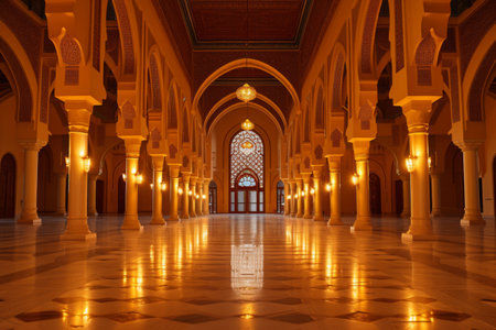 This photo captures a long hallway with prominent columns and a clock on the wall, Warm lights illuminating mosque interiors, AI Generatedの素材
