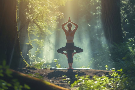 A person is seen performing yoga poses surrounded by trees in a forest, Yoga session in a mystical forest with a soft morning light, AI Generatedの素材