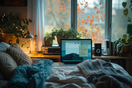 A laptop computer is placed on top of a bed, creating a workspace for productivity or entertainment, Working from home in pajamas, a relaxing aura, AI Generatedの素材