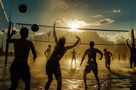 Group of People Playing Volleyball in the Water, Sweat-drenched athletes playing volleyball under a scorching summer sun, AI Generatedの素材