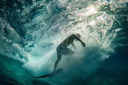 A man skillfully rides a powerful wave while balancing on top of a surfboard, Underwater view of a surfer skillfully maneuvering through a wave, AI Generatedの素材