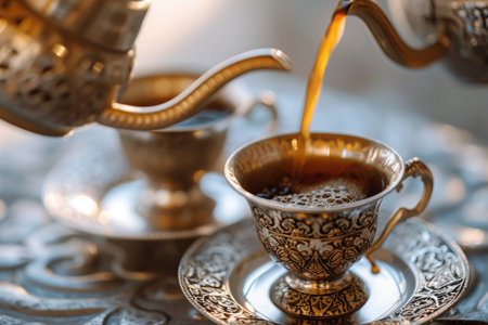 An image capturing the process of pouring tea from a teapot into a cup, showcasing the movement and flow of the liquid, Traditional Arabic coffee being poured, AI Generatedの素材