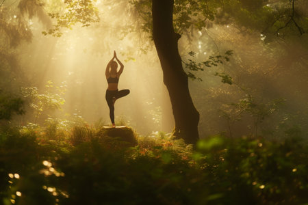 A person doing yoga exercises in the midst of a dense forest, surrounded by tall trees and green foliage, Yoga session in a mystical forest with a soft morning light, AI Generatedの素材