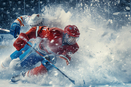 A man confidently rides skis down a snow covered slope, skillfully maneuvering through the icy terrain, Visually express the speed and impact of an ice hockey collision, AI Generatedの素材