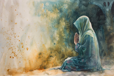 The photo depicts a painting showing a woman in a kneeling position, positioned in front of a tree, Serene watercolor painting of an Islamic woman praying in solitude, AI Generatedの素材