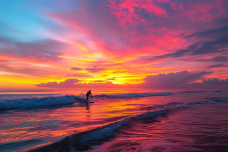 Person Standing on Surfboard in Ocean at Sunset, Vibrant, multicolored sunset over the ocean with a surfer riding towards shore, AI Generatedの素材