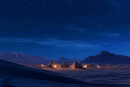 Several tents are positioned in the barren landscape of a desert, Sweeping desert landscape dotted with nomadic tents under the night sky, AI Generatedの素材