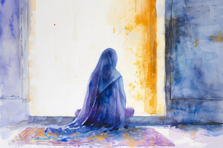 An artwork depicting a woman seated on a colorful rug, Serene watercolor painting of an Islamic woman praying in solitude, AI Generatedの素材