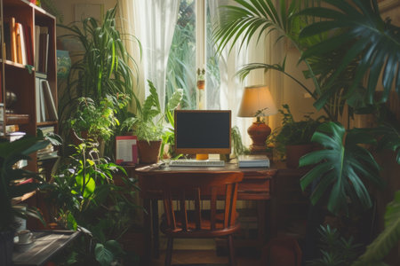 A room packed with an abundance of various plants, alongside a computer resting on a desk, Workplace in a home filled with plants for fresh environment, AI Generatedの素材