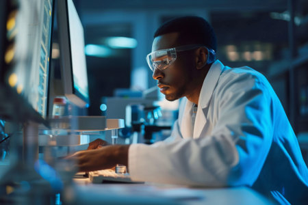 A man in a lab coat diligently working on a computer in a research laboratory, Scientist in a lab coat working on an advanced technology, AI Generatedの素材