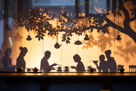 Silhouettes of People Sitting at a Table in Front of a Tree, Shadow art representing Yum Cha (tea and dim sum) tradition, AI Generatedの素材