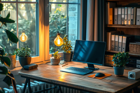 A desk with a computer, keyboard, and several plants sitting on top of it, Convenience and flexibility in teleworking depicted with a home office setup, AI Generatedの素材