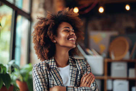 A woman stands with her arms crossed, smiling and looking upward, A young entrepreneur successfully securing a business loan for her start-up, AI Generatedの素材