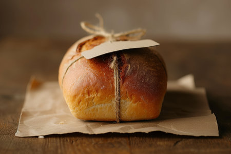 A photograph of a loaf of bread completely wrapped in brown paper, highlighting the packaging of the bread, Bread loaf with a rising price tag, symbolizing high cost of living, AI Generatedの素材