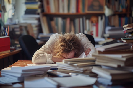 Foto de A woman sits at a desk surrounded by a collection of books, engaging in reading or studies, An individual feeling overwhelmed with work in a home setting, AI Generated - Imagen libre de derechos