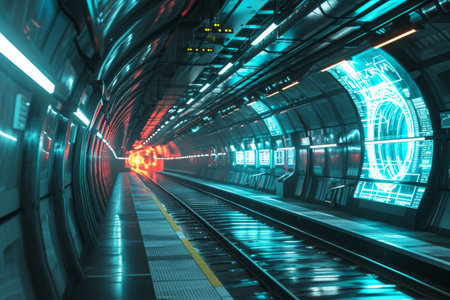 A train travels through a tunnel illuminated by vibrant lights, creating a captivating visual experience, Futuristic subway station with magnetic trains and holographic ads, AI Generatedの素材