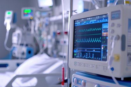 A hospital room featuring various medical equipment and monitors used for patient care and monitoring, Wireless patient monitoring system in a hospital ward, AI Generatedの素材