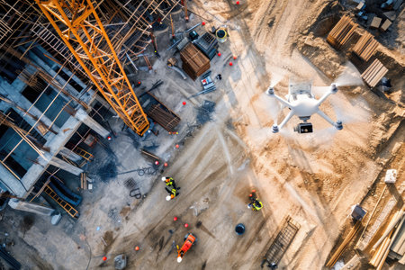 An aerial perspective capturing the ongoing construction activities of a building, Large-scale construction site utilizing drone technology for site surveying, AI Generatedの素材