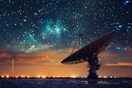 A satellite dish placed on a body of water, receiving and transmitting signals, Large satellite dish receiving data from space, AI Generatedの素材