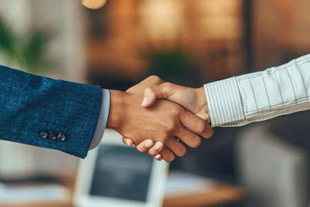 Two individuals engaging in a handshake, symbolizing a mutual agreement or greeting, Male and female colleagues shaking hands after negotiating a contract, AI Generatedの素材
