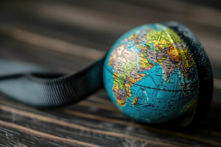 A blue and yellow globe sits on top of a wooden table, Globe being squeezed by a belt labeled 'Inflation', AI Generatedの素材