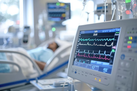 A hospital room featuring a bed with a person lying down and a monitor displaying vital signs, Remote patient monitoring system in use, AI Generatedの素材
