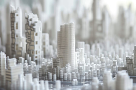A Vibrant Metropolis Filled With Towering Skyscrapers, Graphic representation of the process of building skyscrapers using 3D printing, AI Generatedの素材