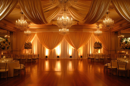 Banquet Hall Adorned With Chandeliers and Tables, Grand ballroom with chandeliers and silk drapes for a fairy tale wedding, AI Generatedの素材