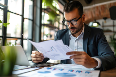A man is quietly sitting at a table, engrossed in reading a piece of paper, Focused businessman examining a detailed business report, AI Generatedの素材
