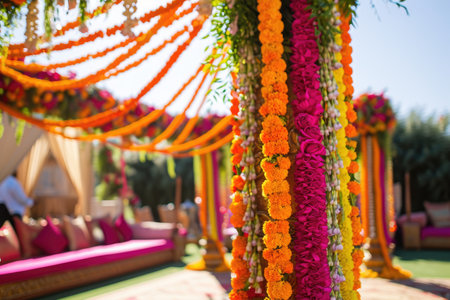 A beautifully decorated area featuring a comfortable couch adorned with flowers, Colorful Indian wedding with a decorated mandap and vibrant flower garlands, AI Generatedの素材