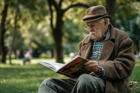 An elderly man sits on a bench in a park, engrossed in reading a book, An old man reading a book in the park, AI Generatedの素材