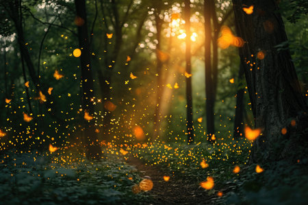 A vibrant forest illuminated by countless yellow fireflies fluttering among the trees, A whimsical display of fireflies emerging at dusk in a dense forest, AI Generatedの素材