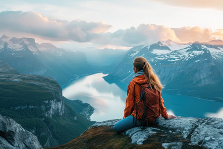A woman is seen sitting on top of a mountain, gazing at a lake in the distance, A woman enjoying a stunning view from a mountain top, AI Generatedの素材